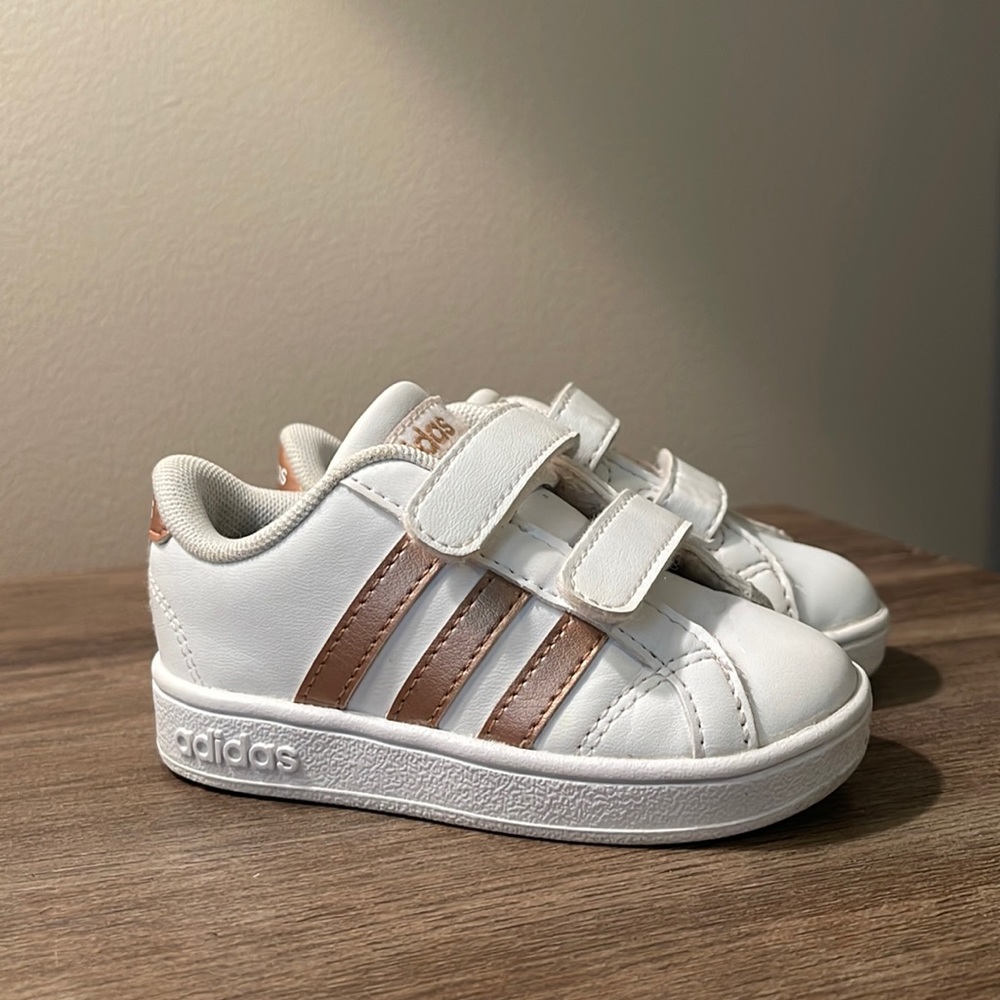 Toddler White and Rose Gold Adidas